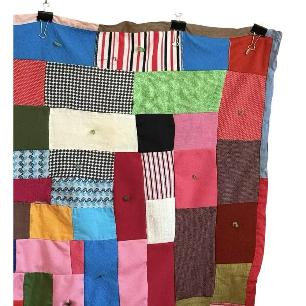 1970s Boho Patchwork Blanket Graphic Prints Quilt VTG Handmade Square 57” X 57”